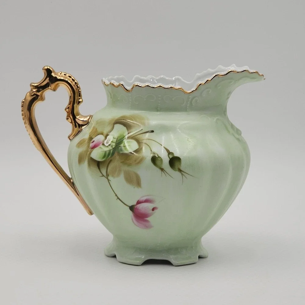 Vintage Lefton Rose Pitcher Hand Painted Green Porcelain Gold Trim 796